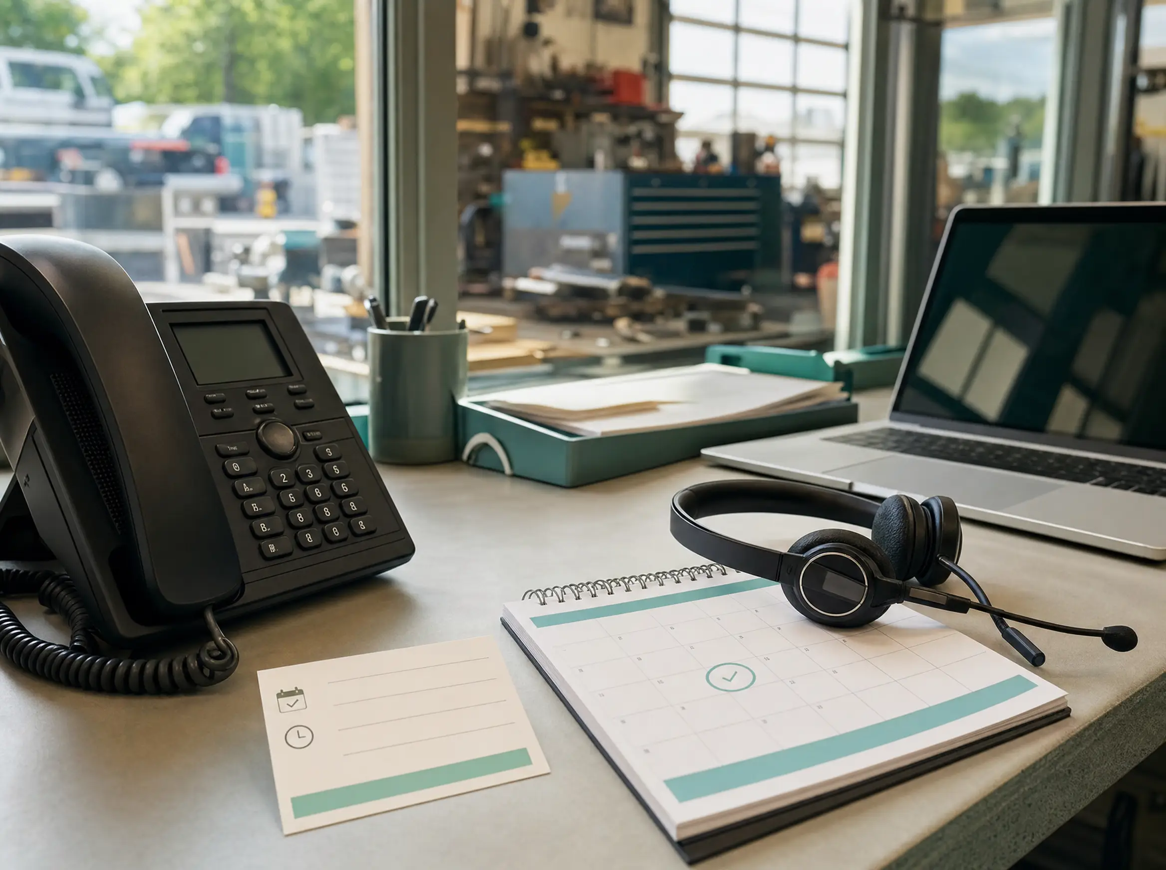 Phone, headset, calendar, and laptop at a service business front desk